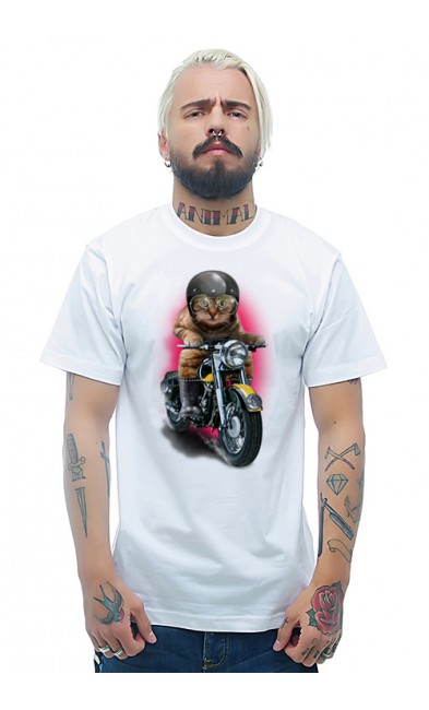Мужская футболка Кот - мотоциклист