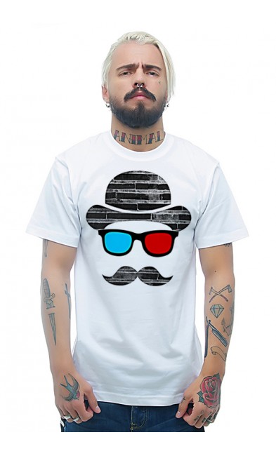 Мужская футболка Шляпа, очки, усы