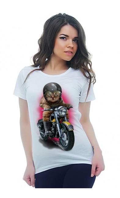 Женская футболка Кот - мотоциклист