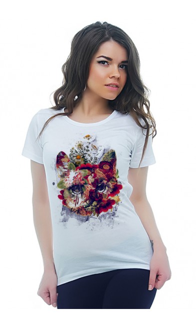Женская футболка Кот и цветы