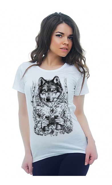 Женская футболка Волк с биноклем