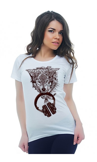 Женская футболка Волк и наушники