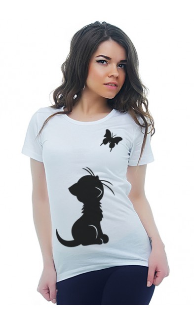 Женская футболка Кот и бабочка